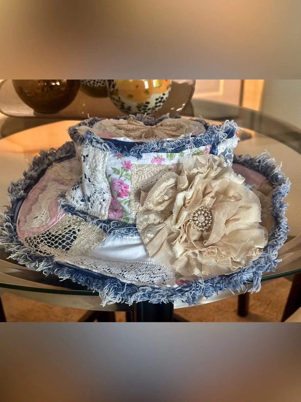 Artisan-made Bohemian Cream Floral Fabric Hat with Frayed Denim Trim